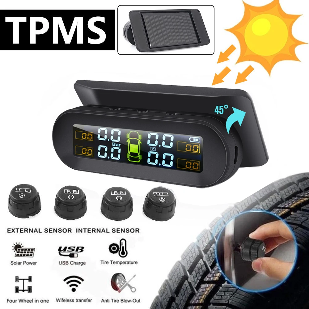 

Solar TPMS Car Tire Pressure Alarm Monitor System Tyre Temp Digital Display Auto Security Alarm Systems With 4 sensors