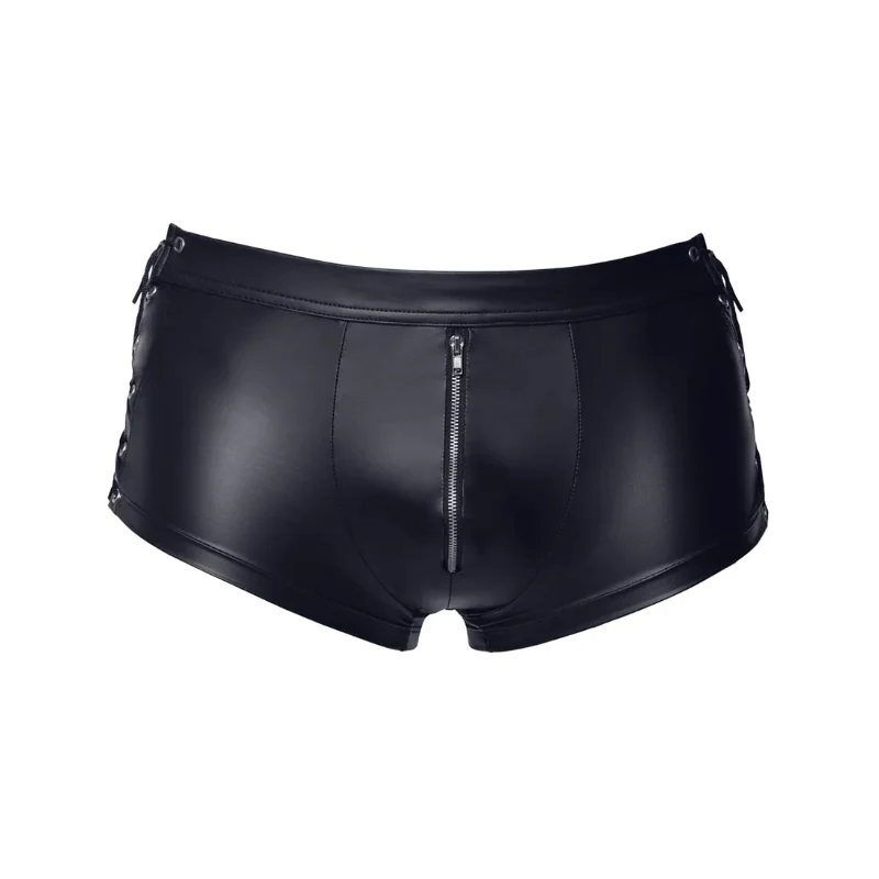 Men Faux Leather Exotic Pants Lacing Hollow Out Wetlook Zipper Open Crotch Shorts Fetish Tight Low Waist Latex Trousers Bondage