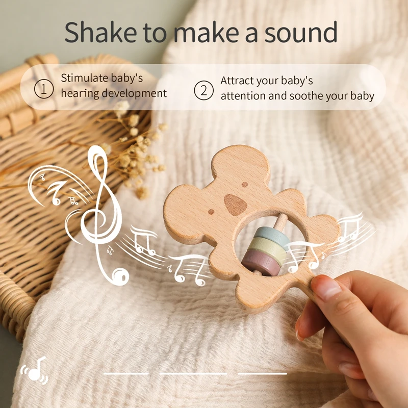 Baby Rattles Cute Wooden Animal Koala Handbells Toy for Kids Baby Newborn Accessories Educational Toys Teether Items