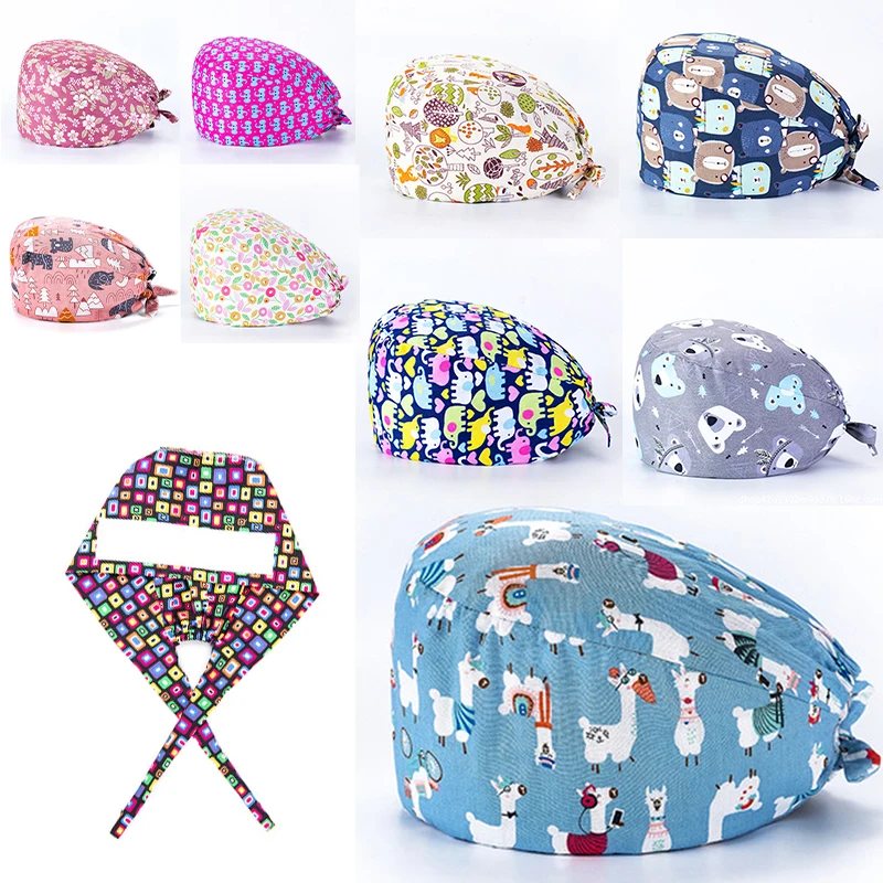 Medical Scrub Hats Breathable Cartoon Printing Adjustable Women Cap Sweatband Surgery Hat Men Nurse Hair Cap Uniform Accessories
