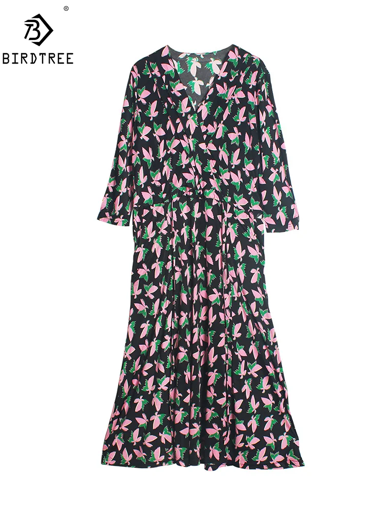 

BirdTree, Natural Silk Elegant Knitted Dresses, Women Half Sleeve Print V Necks, Fashion Party OL Dress, 2024 Summer D45581QM