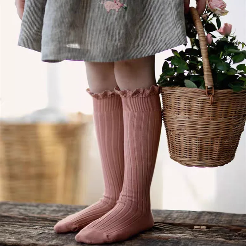 Ruffle Kids Knee High Socks Baby Girls Toddlers Long Soft Cotton Sock Lace Flower Children School Uniform Socks For 0-8 Years