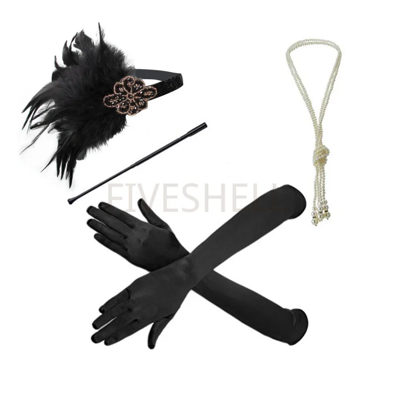 

Free Shipping 1920s Great Gatsby Party Feather Headband Pearl Necklace Smoke Rod Vintage Earrings Black Feather Set for Women