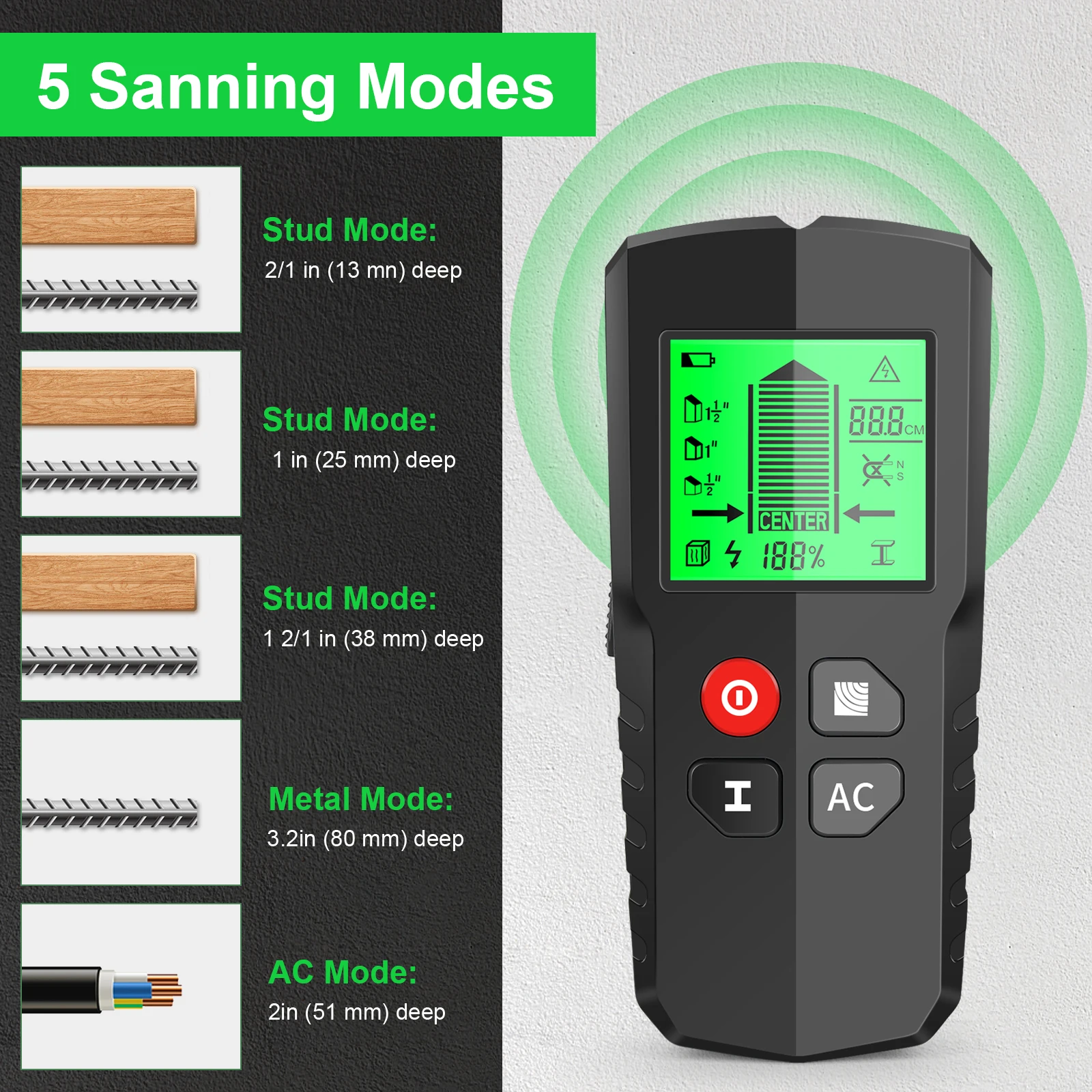 5 Modalità Scanner Da Parete Stud Finder Sensore Di Profondità Metal Detector Perno In Legno Ac Live Cable Wires Scanner Center E Strumento Di Posizio