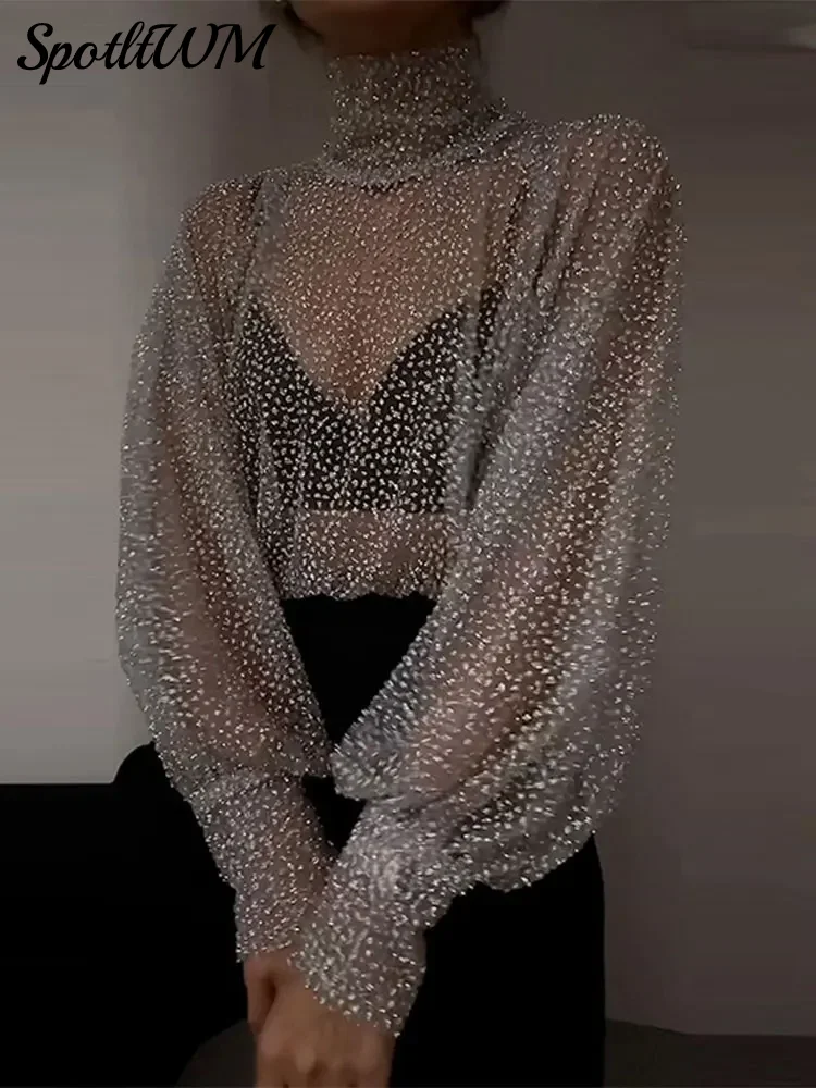 

Sexy See Through High Collar Blouse Women Shiny Loose Lantern Sleeve Tops 2024 Spring Summer Chic Party Club Lady Top