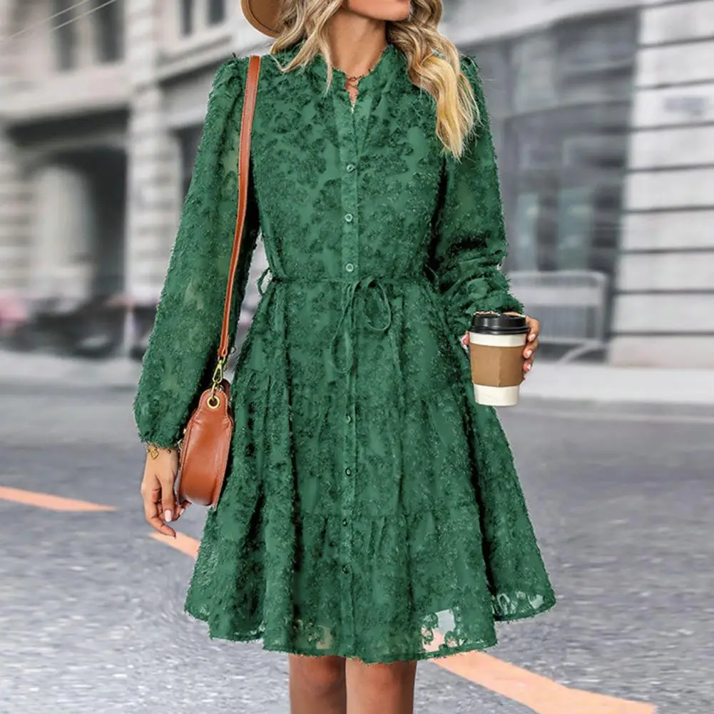 

Solid Color Long-sleeve Dress Lace-up Dress Elegant Lace A-line Midi Dress with Long Sleeves Tight Waist for Women Soft Feminine