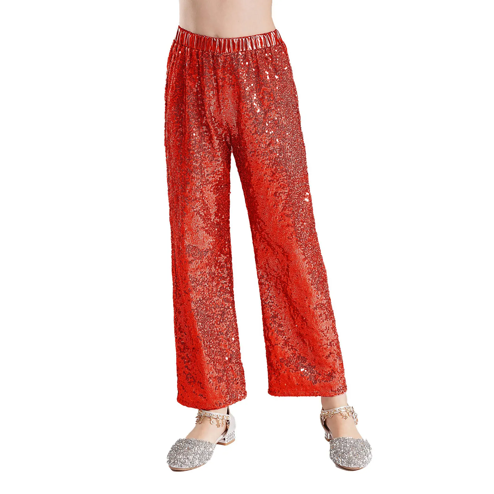 

TiaoBug Kids Girls Jazz Dance Wide Leg Pants 6 to 16 Years Sequin High Waist Trousers for Party Stage Performance School Show