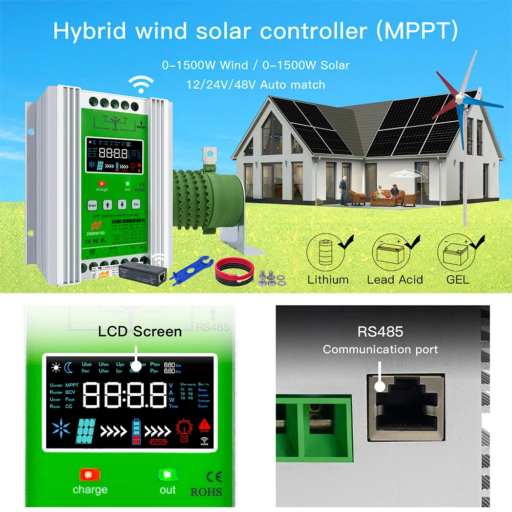 RETRIN 12/24/48v Auto Regulator Battery Off Grid Controller Wind Turbine Solar Hybrid MPPT Charge Boost Controller For Wind Generator Solar Panel