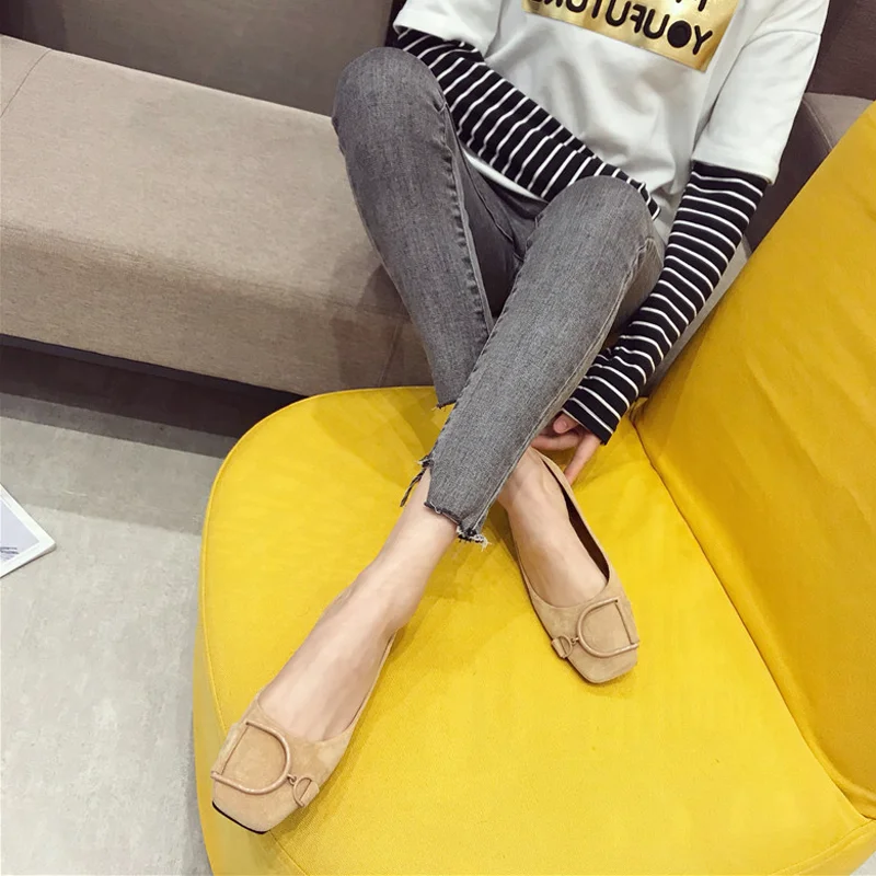 Flat Shoes for Women Spring 2023 New Suede Square Toe Shallow Cut Flat Bottomed Lefu Soft Bean Shoes Ladies big size 44 45 46 5