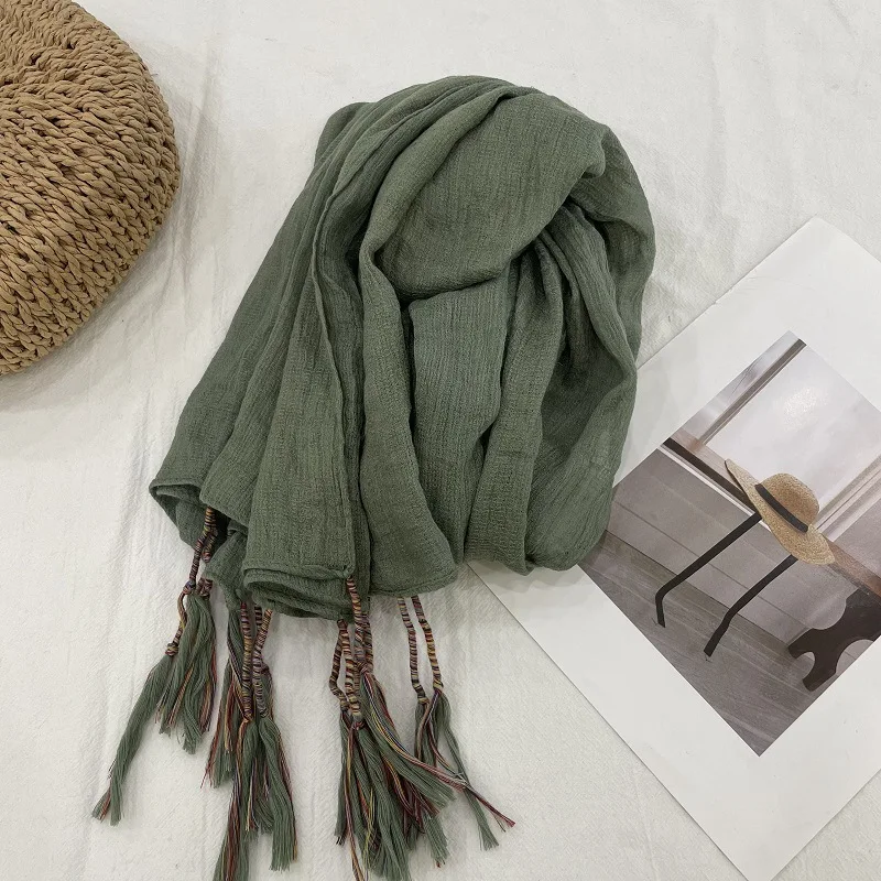 Autumn and Winter Literary Retro Cotton and Linen Hanging Colorful Beard Scarf Women's Sun Protection Large Shawl Decoration