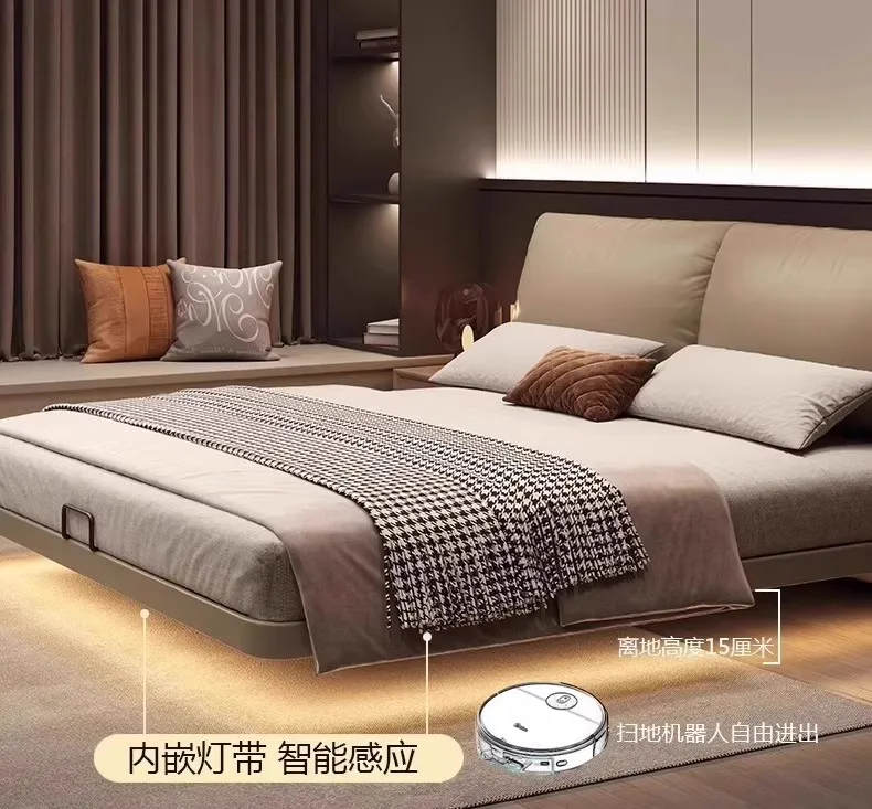 Modern Levitation Genuine Leather With Lamp Double Bed 2 People Full Size Bed Frame 150x200 180x200 Cm Beds Bedroom Furniture