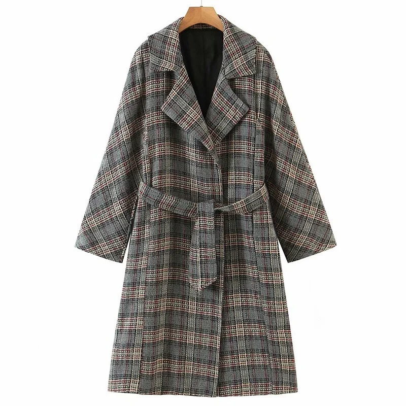 

Autumn and Winter Suit Collar Slim Fit Belt Women's Casual Longline Check Coat Women's Check Jacket Thick Woolen Coat 2021