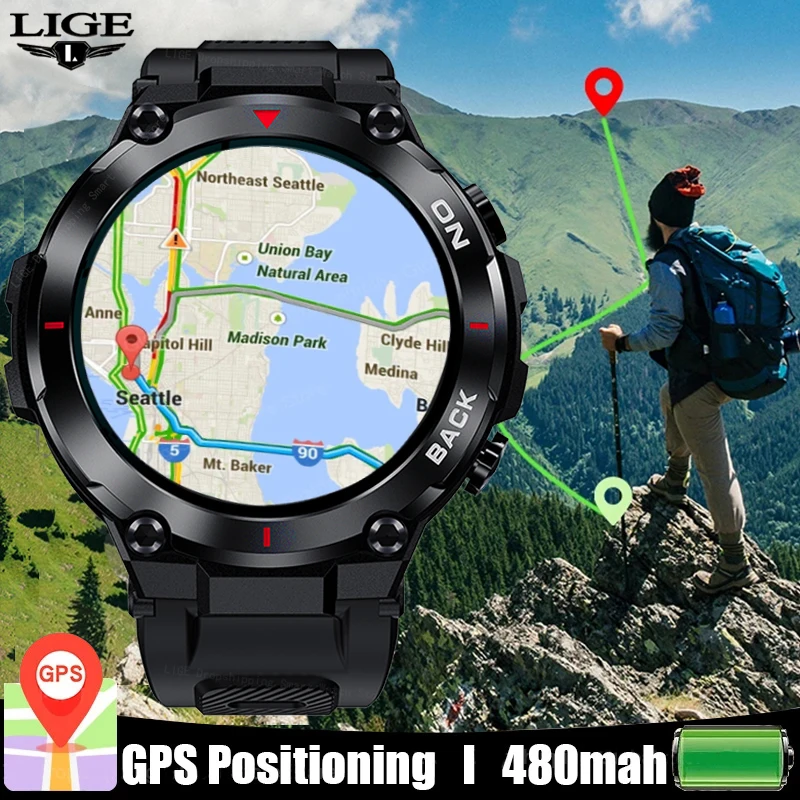 LIGE GPS 스마트 워치 480mAh 팔찌 스포츠 휘트니스 야외 시계 IP68 방수 스마트 시계 호출 알림 Smartwatch 