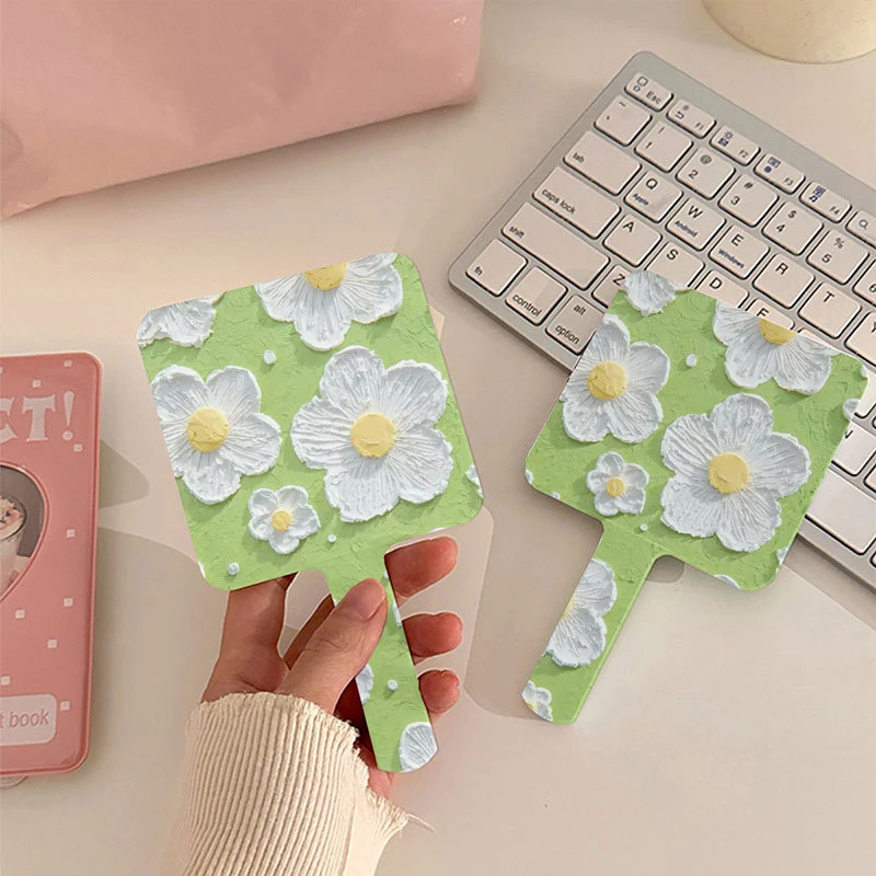 Small Portable Makeup Mirror Handle Mini Square Flower Pocket Vanity Mirrors Women Girl Cosmetic Tools
