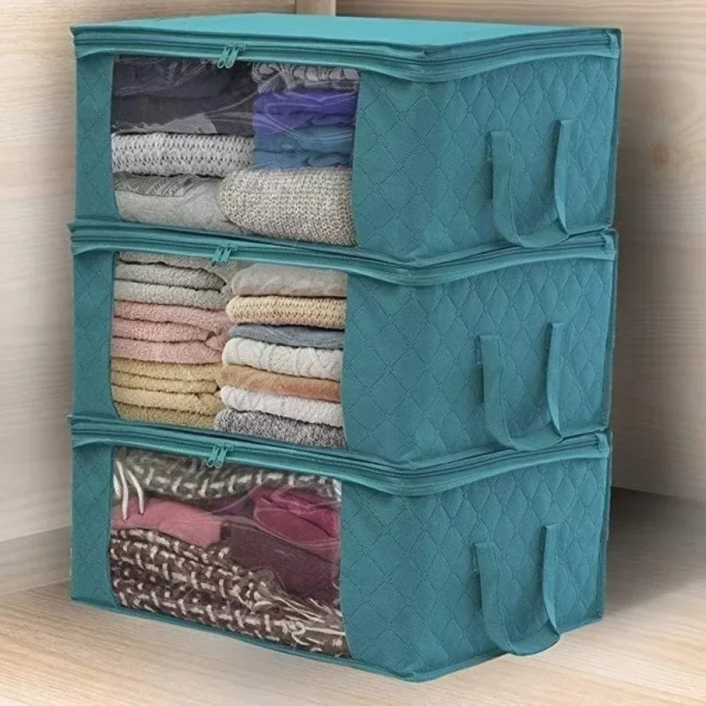 Clothing Storage Bag Large Capacity Dustproof Storage Bag Folding Non Woven Clothes Organizer Clear Window Zipper with Handles 4