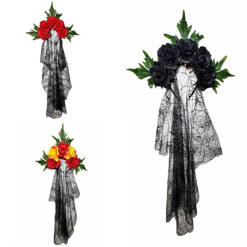 A52E Zartes Haarband mit Rosen und Tüll, Cosplay-Stirnbänder, Cosplay-Zubehör, Stirnbänder für Kostümwettbewerbe – Detail 1