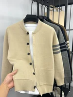 Luxury Design Brand Men's Knit Cardigan Baseball Collar 3 Stripe Sweater Coat Korean Fashion Velvet Thicken Winter Men's Clothes