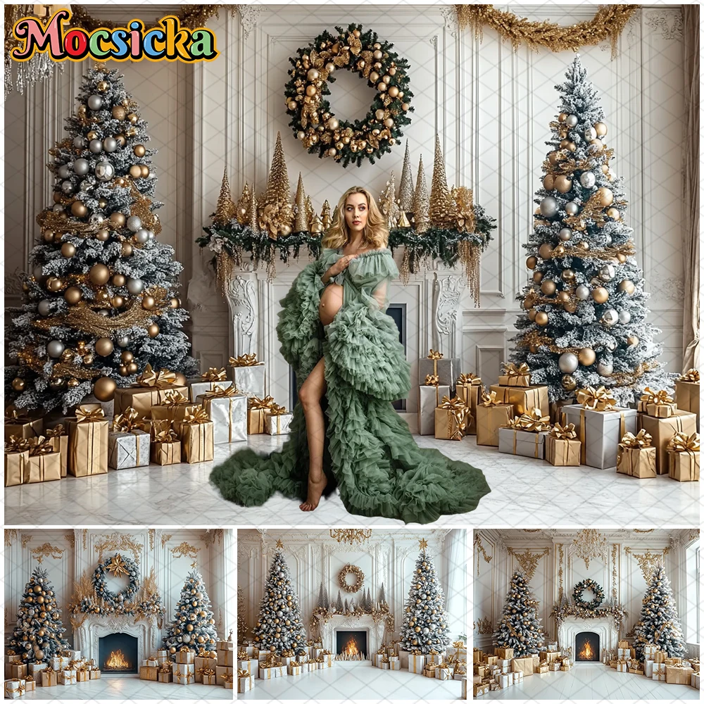 Mocsicka Christmas Backdrop New Year Xmas Tree Fireplace Decorations ...