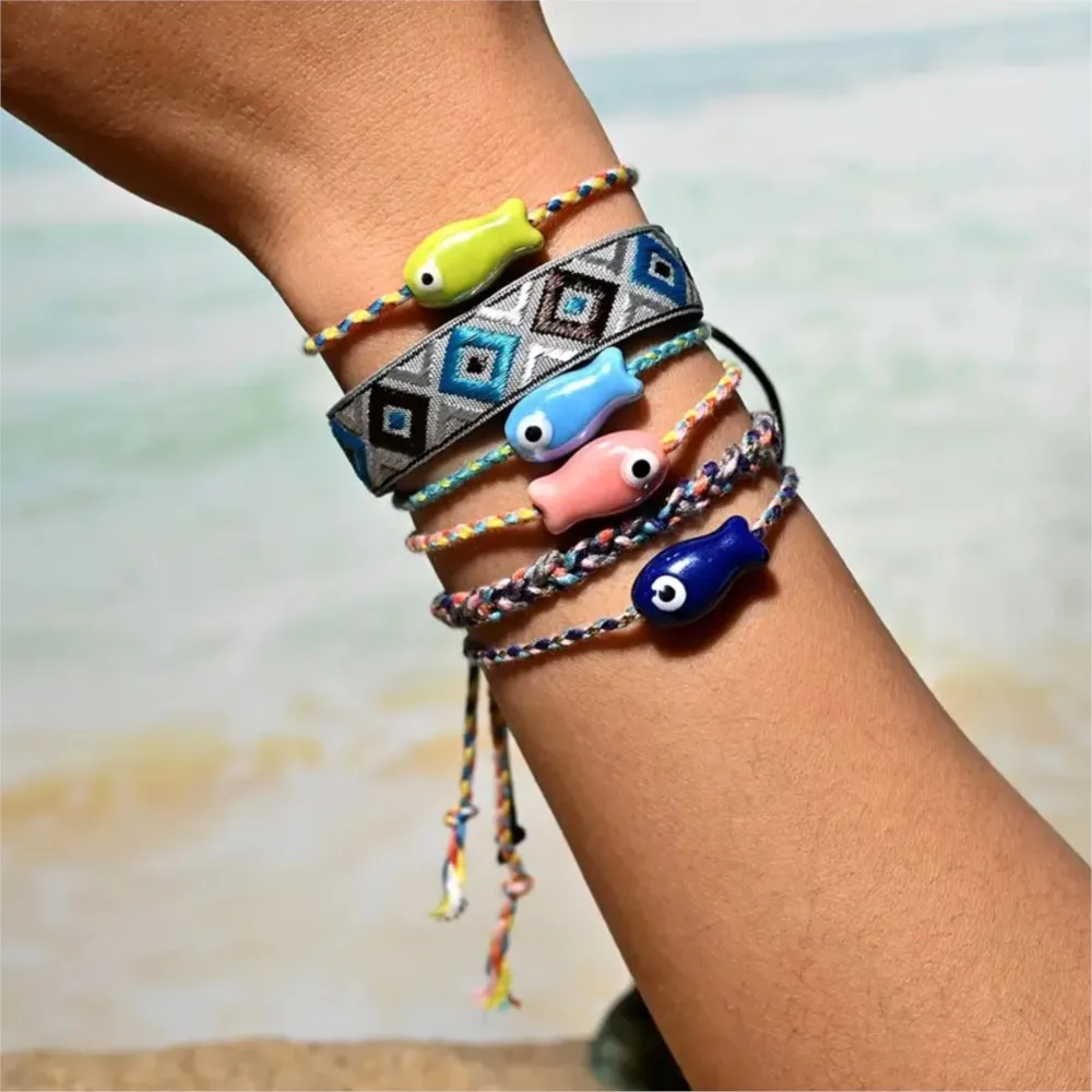 Colorful Bohemian Ceramic Fish Anklet for Women Bohemian Style Adjustable Multicolored Rope Bracelet Summer Hoilday Jewelry Gift