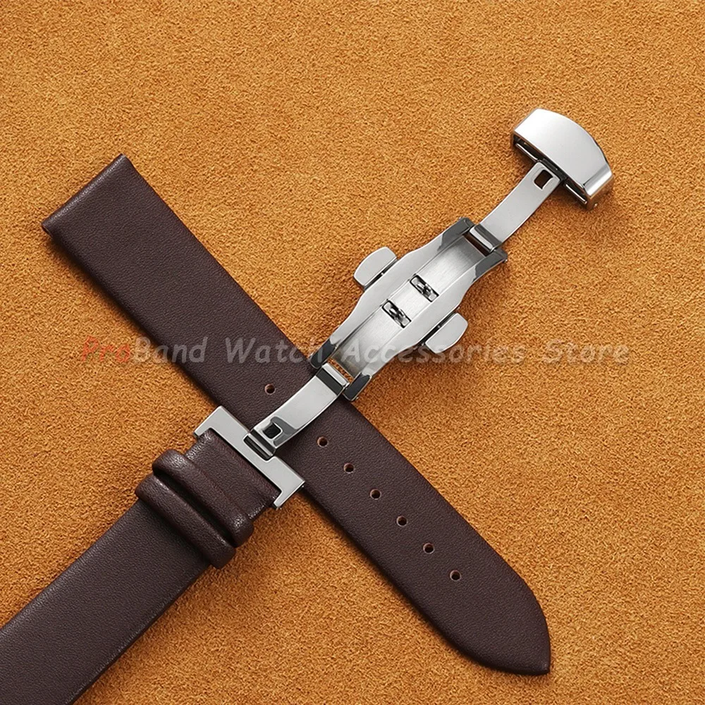 Sleek Genuine Leather Watch Band with Butterfly Buckle - Unisex Cowhide Strap