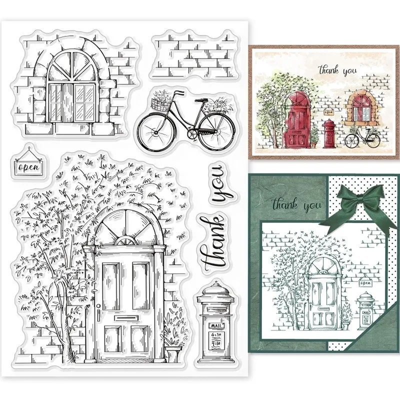 Clear Rubber Stamps 1Sheet Street Scenery Tree Door Bike Windows Postbox