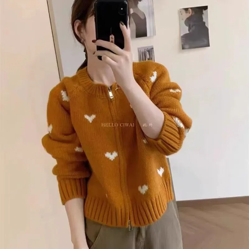 Fashion New 2025 Women's Love Long Sleeve Cardigan Sweater Autumn and Winter Casual Zipper Loose Knitwear Crew Neck Top