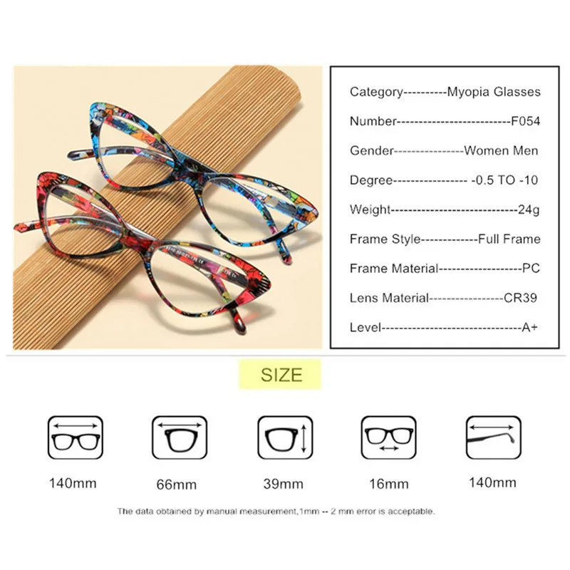Prescription Glasses Myopia -0.5 to -10 Women Men Cat Eye Nearsighted Eyeglasses Blue Light Blocking or Photochromic Lenses F054