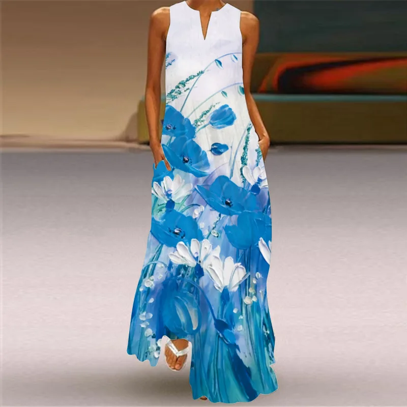 

Beach Maxi Dress Elegant Women's Sleeveless V-neck Abstract Printed Fashion Pocket Retro Sexy Beach Party Bohemian Dress Robe