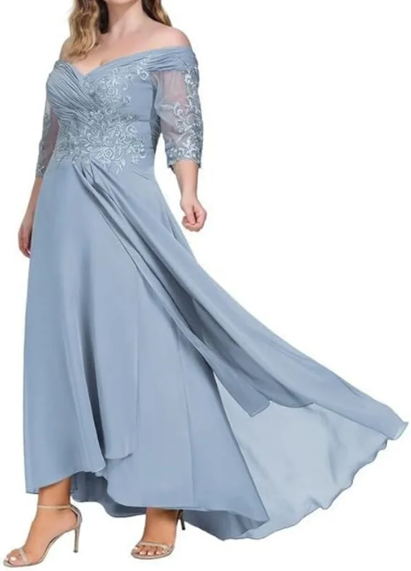 Mother of The Bride Dresses for Wedding Long Chiffon V-Neck Formal Evening Party Dresses Lace Up Back - 3