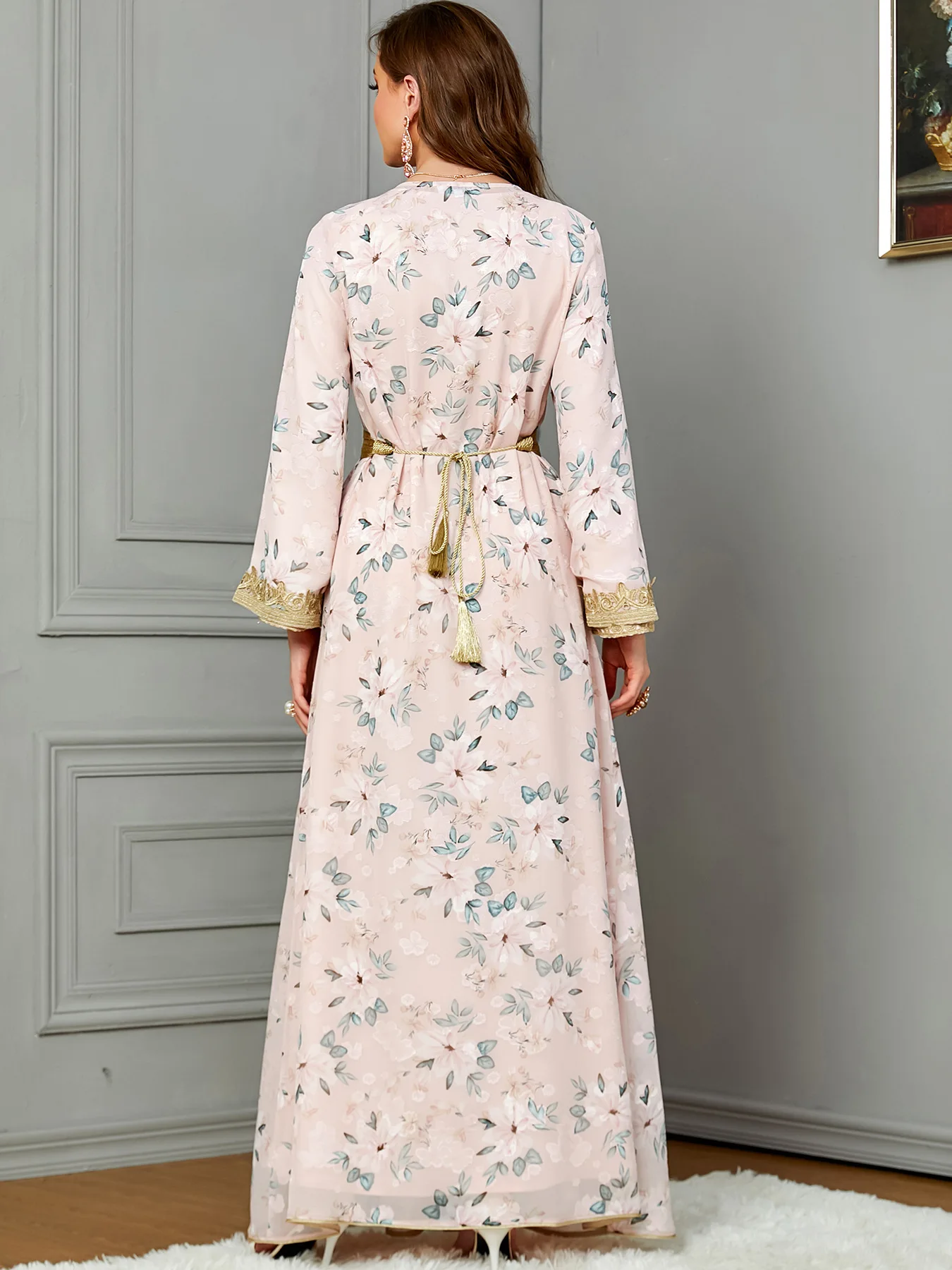 Muslim Suit Set for Africano Woman Party Moroccan Dubai Dress Fashion Printing Full Sleeve Belted Turkish Clothing Dress Set