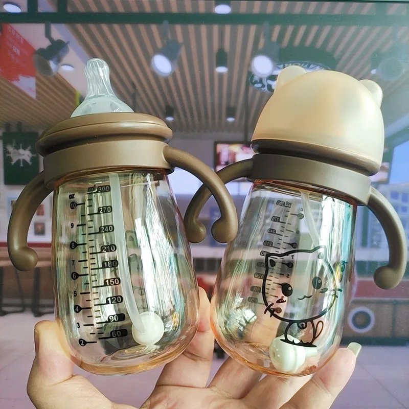 300ml PPSU Portable Double Handle Infant Drop-proof Baby Wide-caliber Milk Bottle Straw Handle Newborn Baby Feeding Bottle Milk Bottle Feeding Bottle
