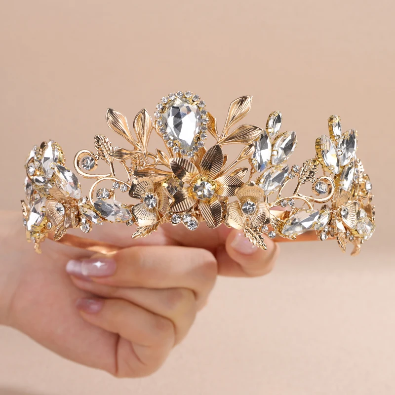 Luxury Flower and Leaf Bridal Rhinestone Headband Crown Gold Black Diamonds for Women Tiara Handmade Wedding Hair Accessories
