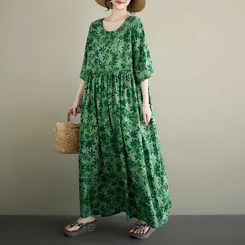 Plus Size Bohemian Print Maxi Long Dress for Women Floral Casual Cotton Linen Loose Vintage Vestidos Para Mujer Robe Dresses