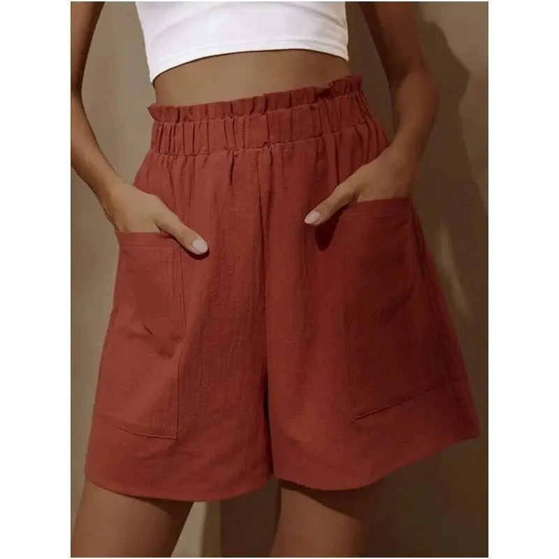 Solid Fold Short Women Casual Loose High Waist Slim Pocket Cotton Linen Shorts Summer Fashion Plus Size Wide Leg Leisure Short winter dresses for women