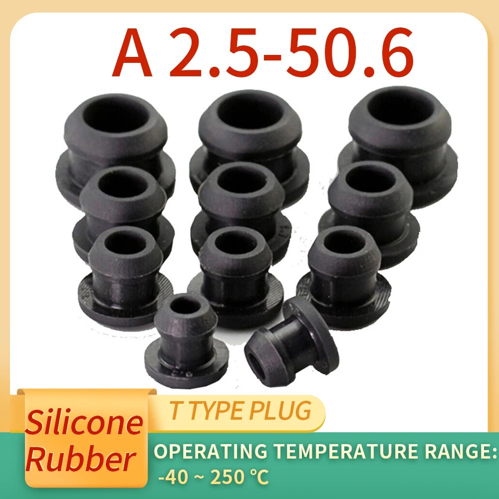 2.5-50.6mm Black Conical Snap-on Silicone Rubber T Type Plug Blanking End Caps Tube Inserts Bung Proof High Temperature