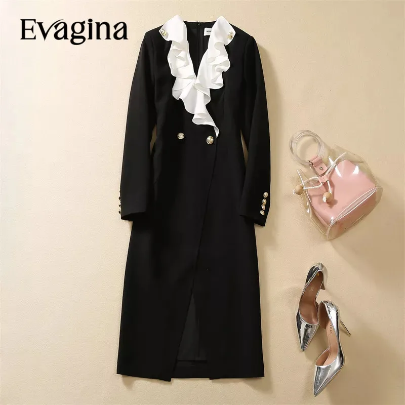 

Evagina New Fashion Runway Designer Women's Lotus Leaf V-Neck Commuting Temperament Long Sleeve Wrap Hip Slit Black Dress