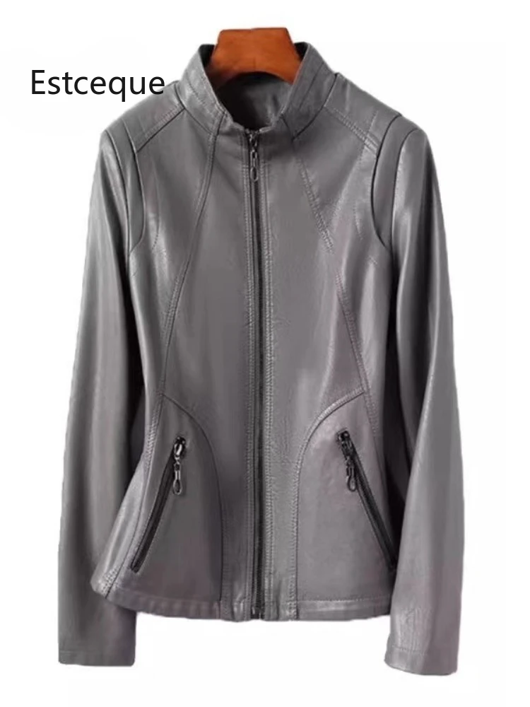 New Spring Autumn Women Sheep Skin Coat 2025 Leathers Jacket Korean Female Stand Collar Leather Tops