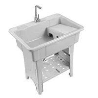 Utility Sink Laundry Tub for Laundry Room, Freestanding Plastic Laundry Sink w/Washboard, Portable Wash Bowl Basin w/Cold&Hot 1