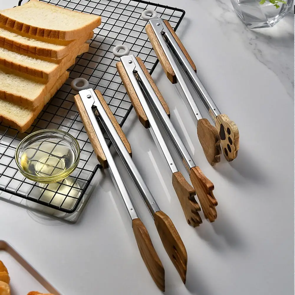 Cooking Kitchen Tongs Food BBQ Tool Salad Bacon Steak Bread Cake Wooden Thickened Cute Shape Home Kitchen Utensil