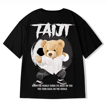 타이지 곰 프린트 티셔츠 남성용, 100% 코튼 라운드넥 반팔, 힙합 스트리트웨어, 고딕 하라주쿠 오버사이즈 티셔츠, 여름