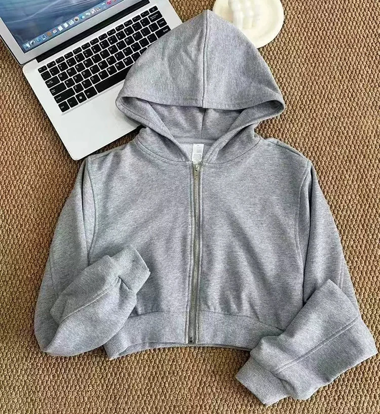 Frühlingsneuer, kurzer Kapuzen-Cardigan mit Reißverschluss für Damen, lässiges, vielseitiges Sport-Oberteil – Detail 3