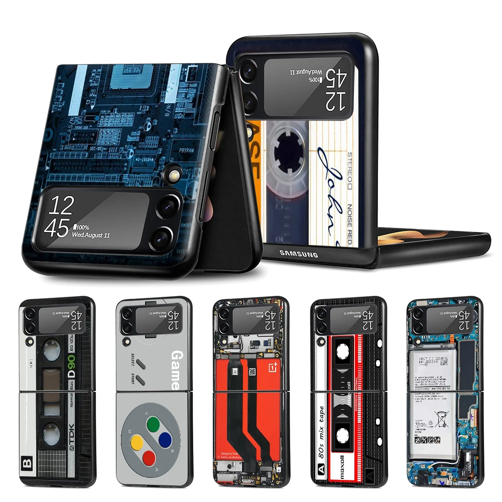 Retro Camera Cassette Music Phone Case Per Samsung Galaxy Z Flip4 Flip3 5G Black Coque Z Flip 3 4 Hard Pc Luxury Cover Funda