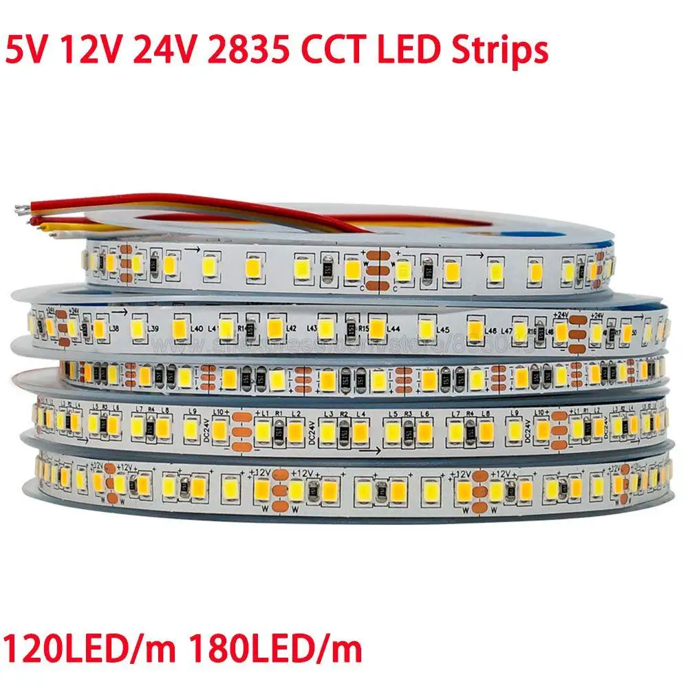 5m 12V 24V 2835 CCT LED Strip Light 8mm 12mm PCB Dual White Color Temperature Adjustable Flexible LED Tape 120/180/240/336led/m