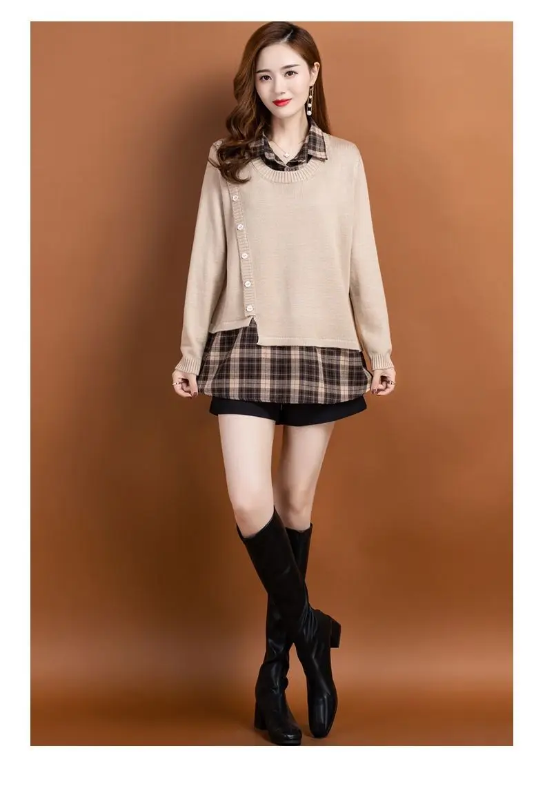 Gefälschte Zwei Stück Pullover Tops Für Frauen Mode Plaid Herbst Winter Revers Hemd Lose Pull Femme Bodenbildung Pullover Strickwaren – Detail 3