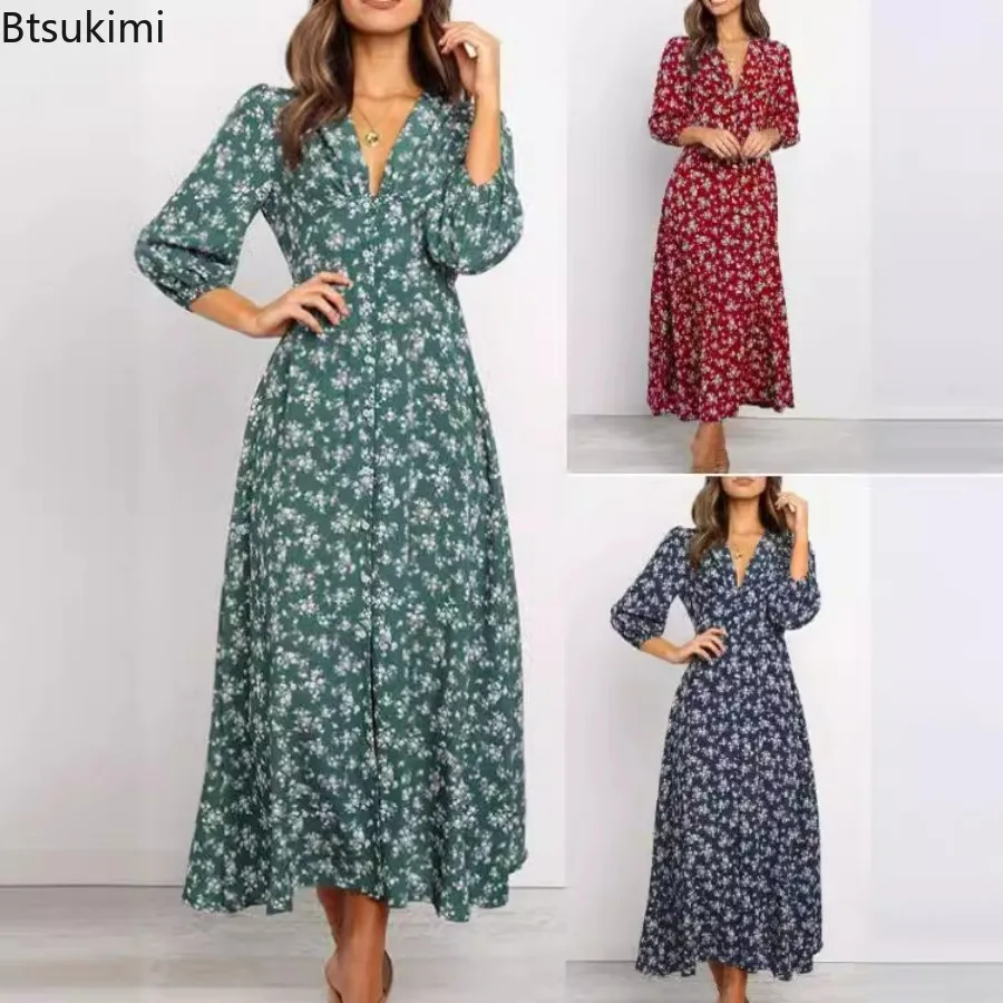 

2024 Women's Chiffon Long Dress Floral Print Lantern Sleeve A-line Maxi Vestidos Spring Autumn Elegant Vintage High Waist Dress