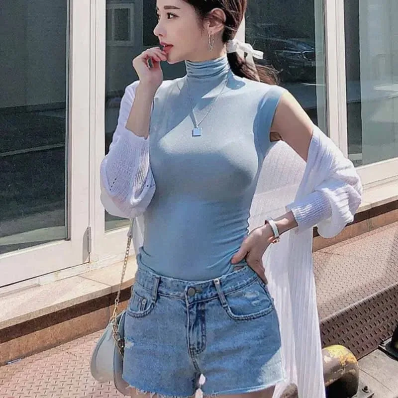 Solid Color Slightly Transparent Tees New Fashion Turtleneck T-shirts for Women Summer Sleeveless Bottoming Tops Clothes 11972