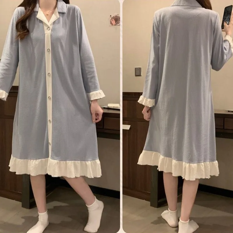 Women Spring Autumn Long Sleeve Sleeping Dress Cotton Thin Pajamas Korean Version Cute Loose Sleepwear Lapel Lacework Nightgown