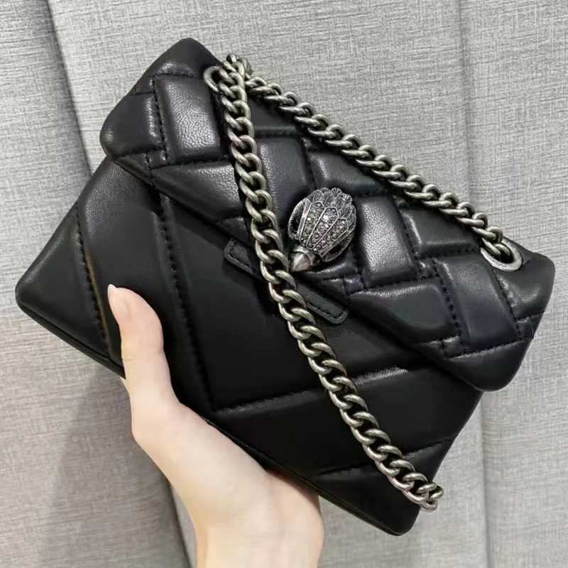 Vintage Designer London Brand Black/Silver Chains Women Small Size Crossbody Bag Real Leather Luxury Handbags