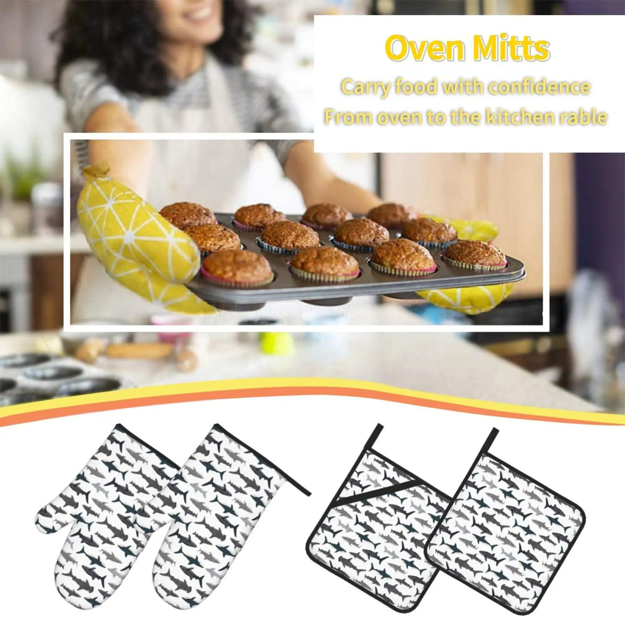 Ocean Whale Shark 4pcs Oven Mitts and Pot Holders Sets Heat Resistant Non Slip Kitchen Gloves Hot Pads with Inner Cotton Layer