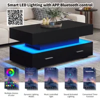 Table basse hydraulique, avec éclairage LED, contrôle par application Bluetooth, 2 tiroirs et rangement ouvert, table basse relevable, 100*50*44 cm 6